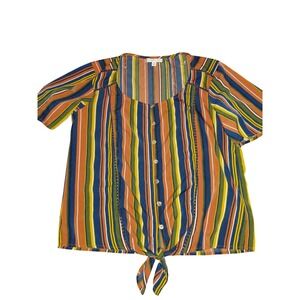 Ophelia Roe Women Multi Color Striped Tie Front Button Up Blouse Top Size M